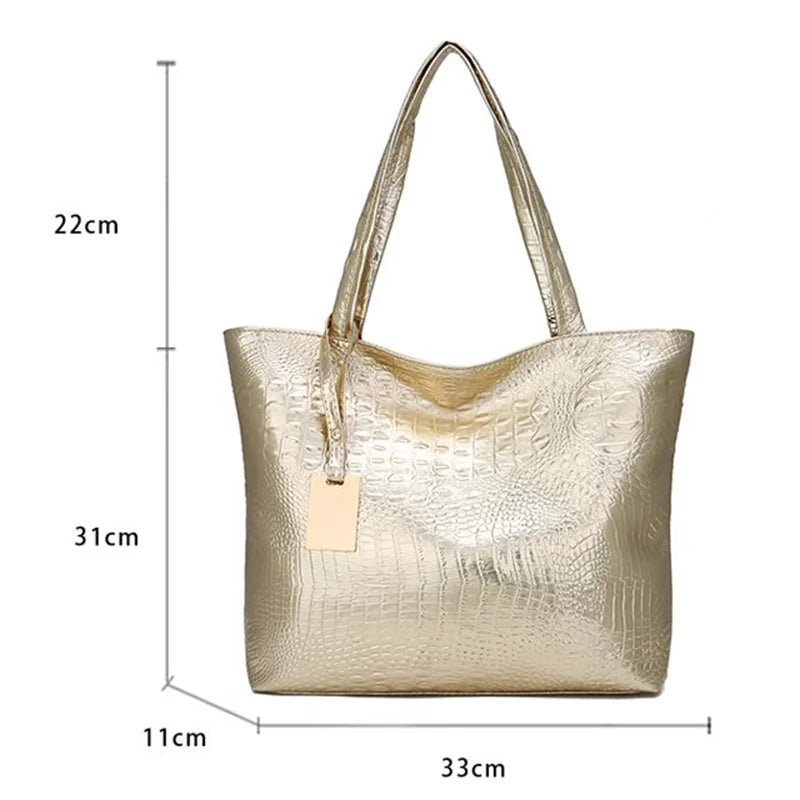 Women Shoulder Bags Silver Crocodile Handbag PU Leather Big Tote Bag
