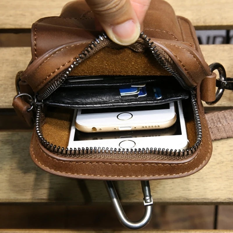 Crazy Horse PU Leather Men Small Waist Pack Mobile Phone Case Travel Bags