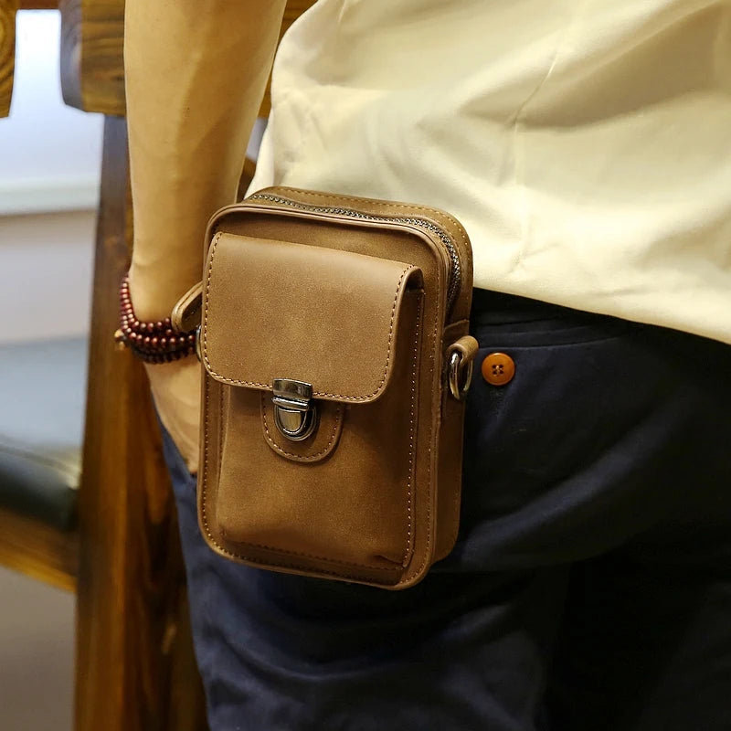 Crazy Horse PU Leather Men Small Waist Pack Mobile Phone Case Travel Bags