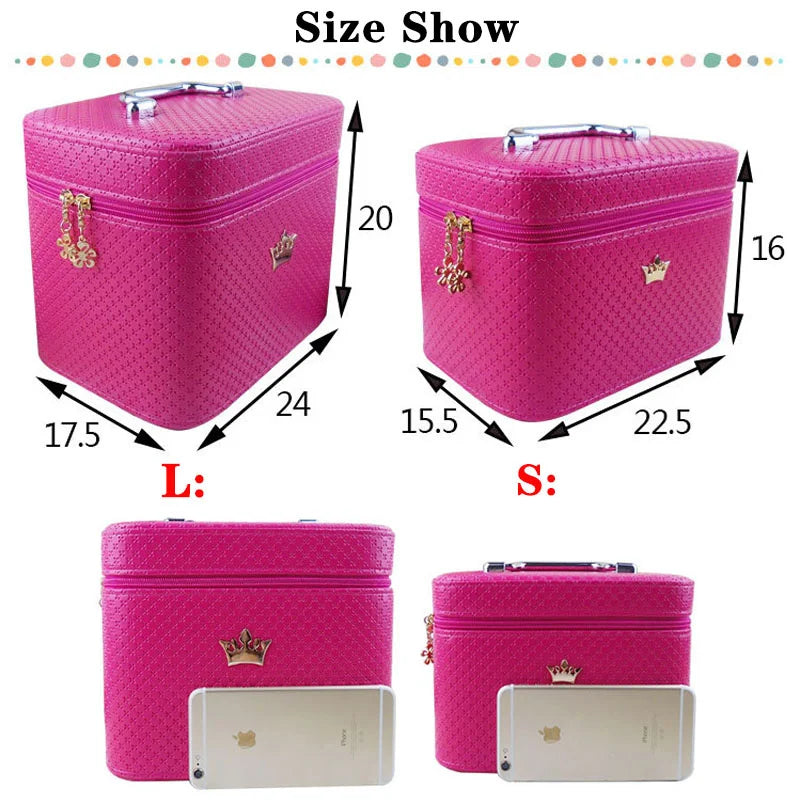 Female Crown Makeup Case With Mirror Beauty Travel Make Up Box Organizer