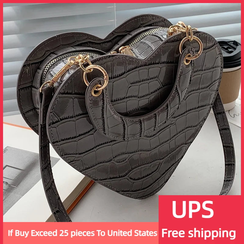 Heart Tote Bag Stone Pattern PU Leather Crossbody Bags Small Shoulder Bags