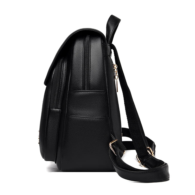 Leather Women Backpack Lychee Pattern Large-capacity School Travel Bag