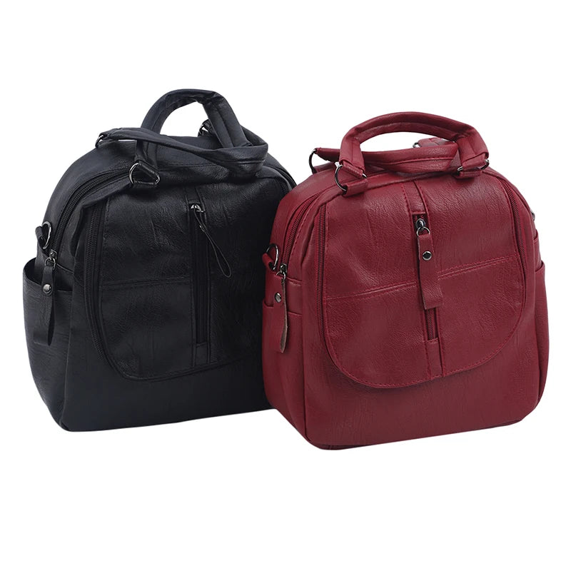 Leather Women's Backpack School Bag Double Zipper Shoulder Bags