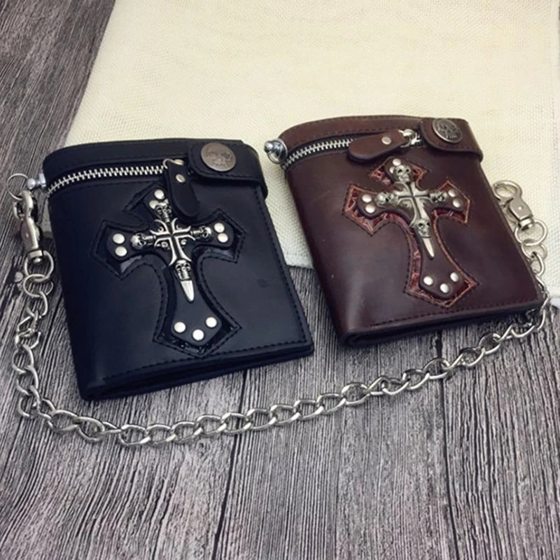 Men Vintage Skull Head Cross Leather Biker Wallet