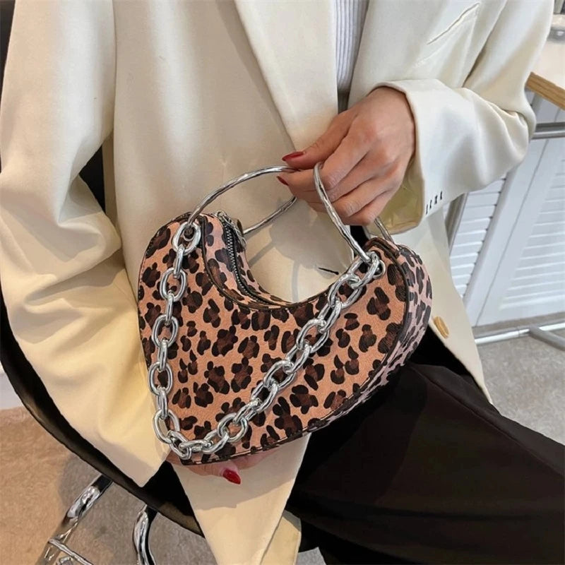 Leopard-print Metal Chain Heart-Shaped Love Shoulder Bag