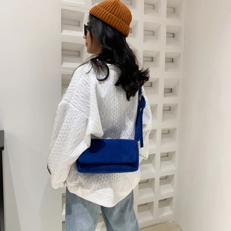 Corduroy Crossbody Bag Casual Purse Square Flip Shoulder Handbag for Women