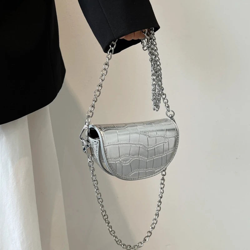 Small Silver Stone Pattern Leather Saddle Bag Evening Clutch