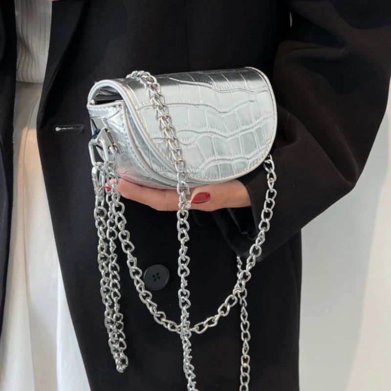 Small Silver Stone Pattern Leather Saddle Bag Evening Clutch