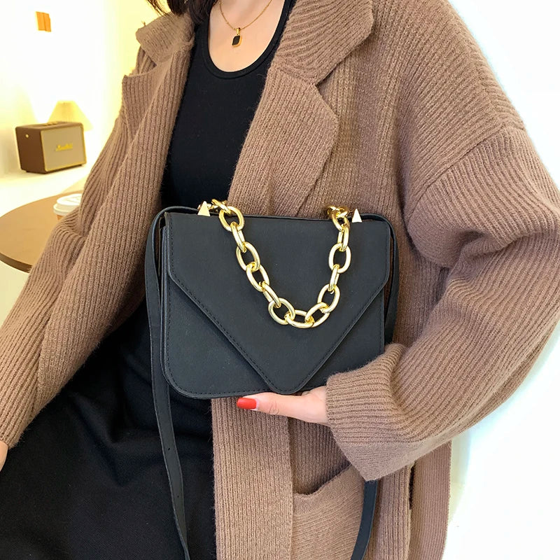 Nubuck Flap Clutch Purse with Metal Chain Shoulder Bag