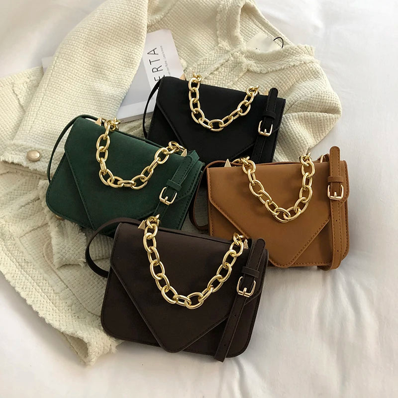 Nubuck Flap Clutch Purse with Metal Chain Shoulder Bag