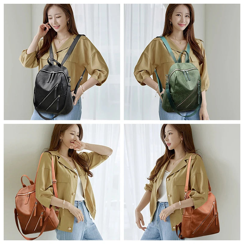Zipper Backpack PU Leather Waterproof Bag College Student Bag
