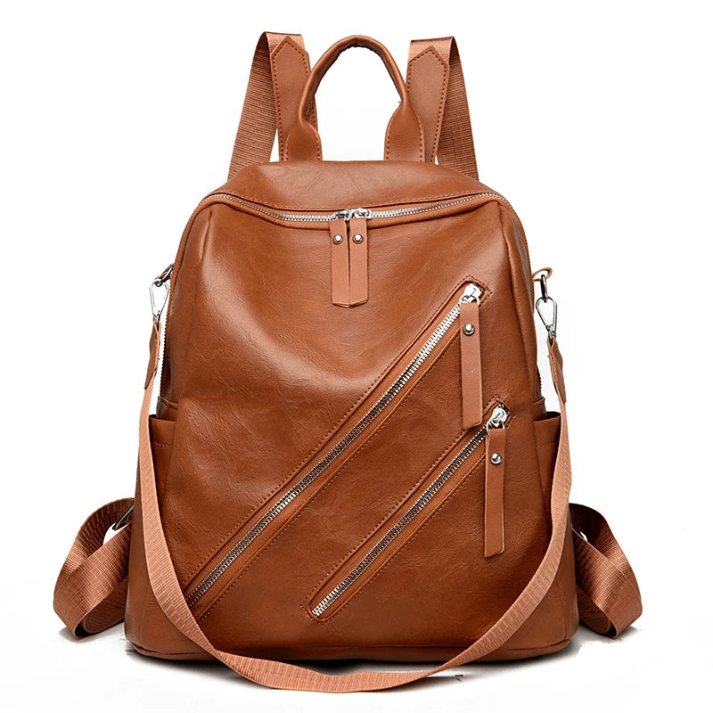 Zipper Backpack PU Leather Waterproof Bag College Student Bag