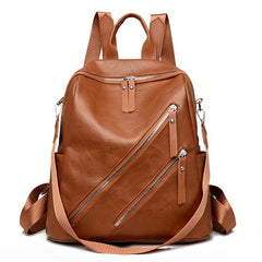 Zipper Backpack PU Leather Waterproof Bag College Student Bag