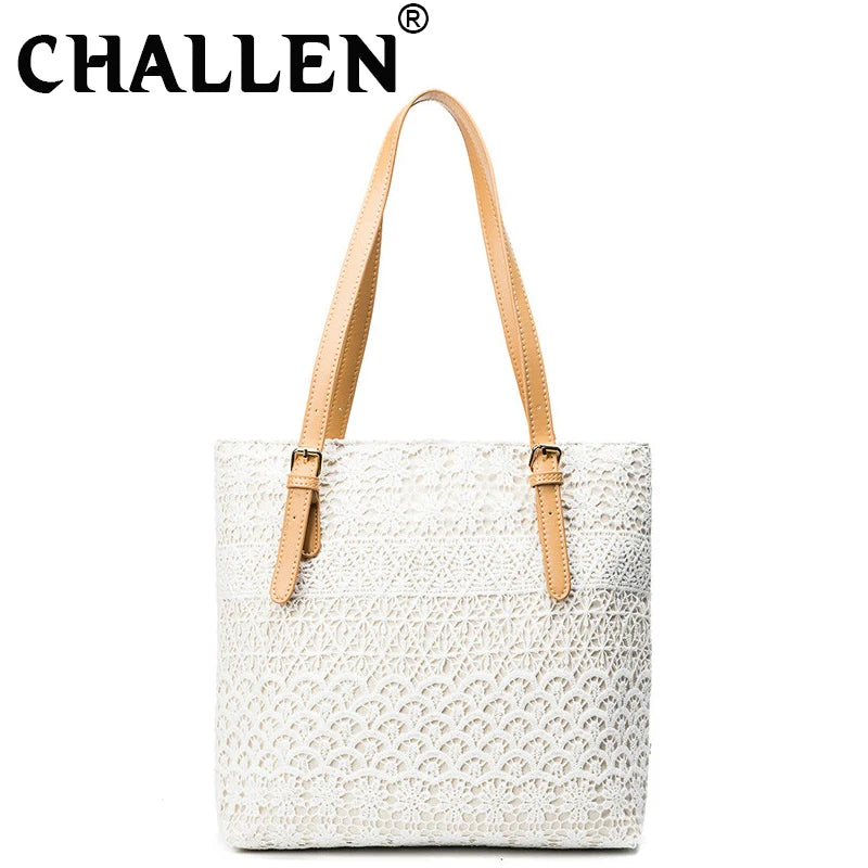 Bohemian Straw Bag Lace Top-Handle Large Capacity Rattan Beach Tote Bucket
