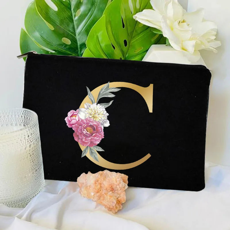 Floral Alphabet Print Makeup Bags Bridesmaid Cosmetic Case