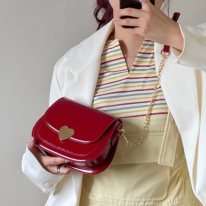 Bright PU Leather Women's Saddle Bag Shoulder Bag Vintage Small Purse