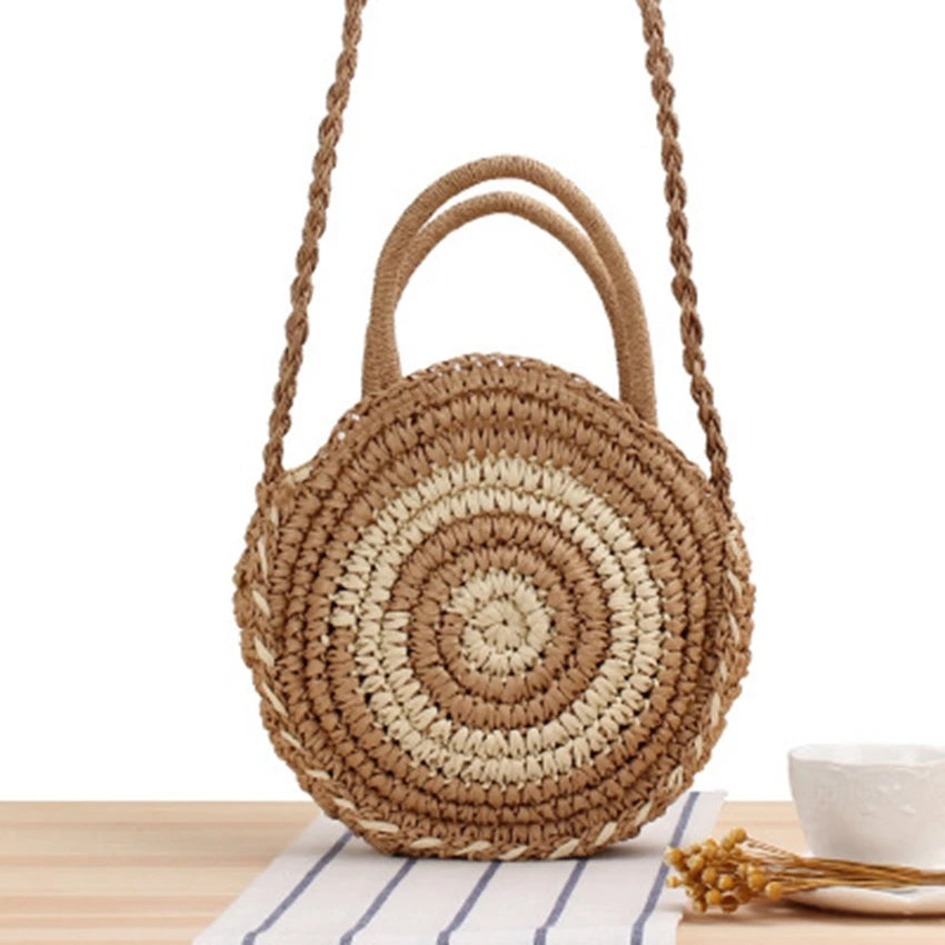 British Style Beach Straw Bag Round Stripes Messenger Dual-use Casual Bag