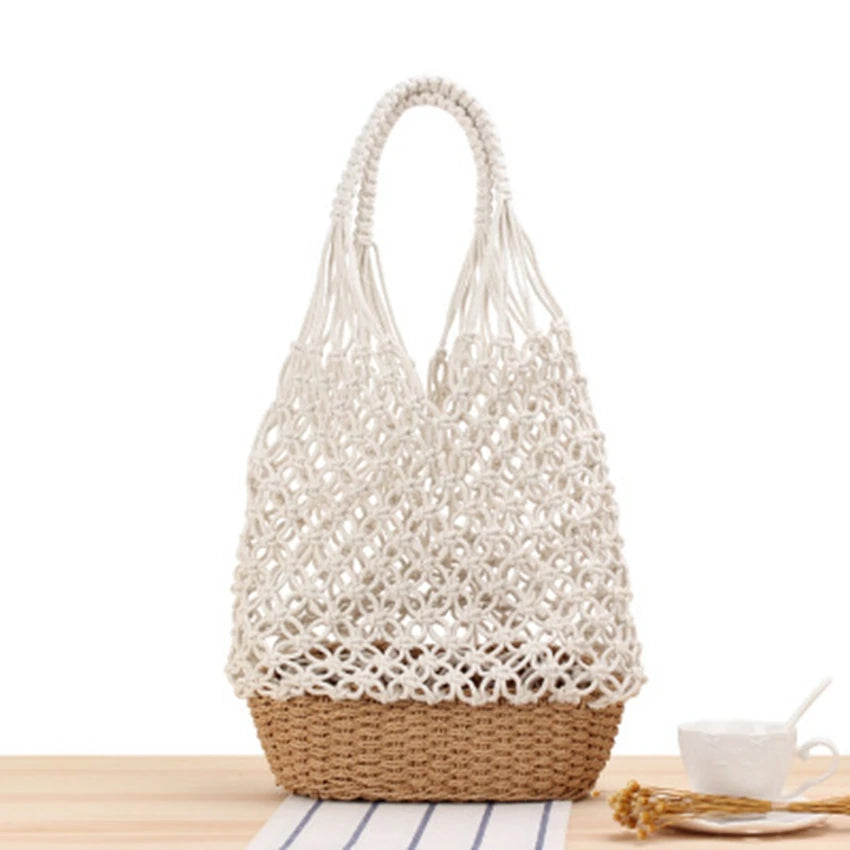 British Hollow Shoulder Woven Bag Grid Straw Bag Portable
