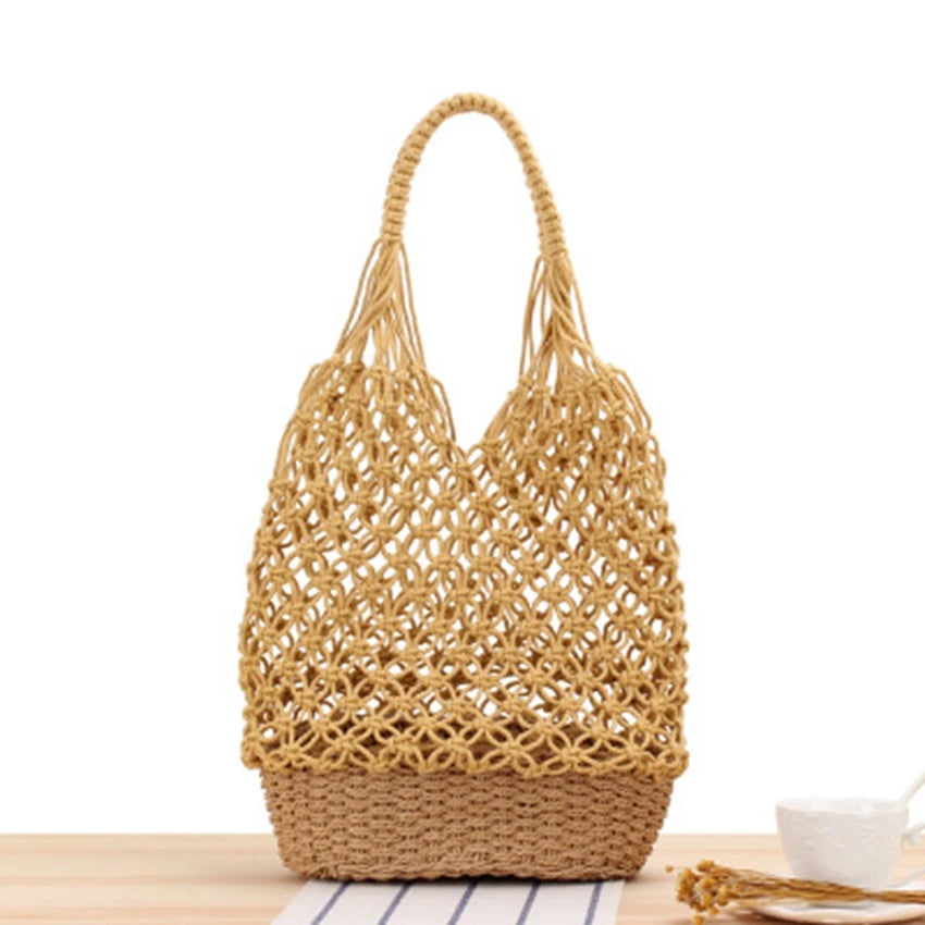 British Hollow Shoulder Woven Bag Grid Straw Bag Portable