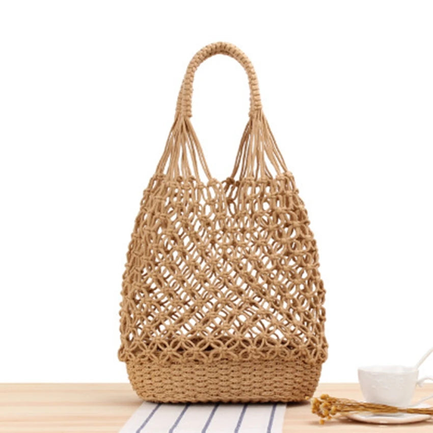 British Hollow Shoulder Woven Bag Grid Straw Bag Portable