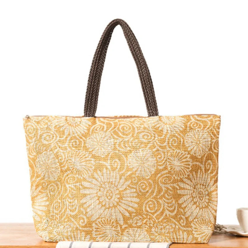 British Large Capacity Beach Bag Casual Shoulder Straw Holiday Woven Bag