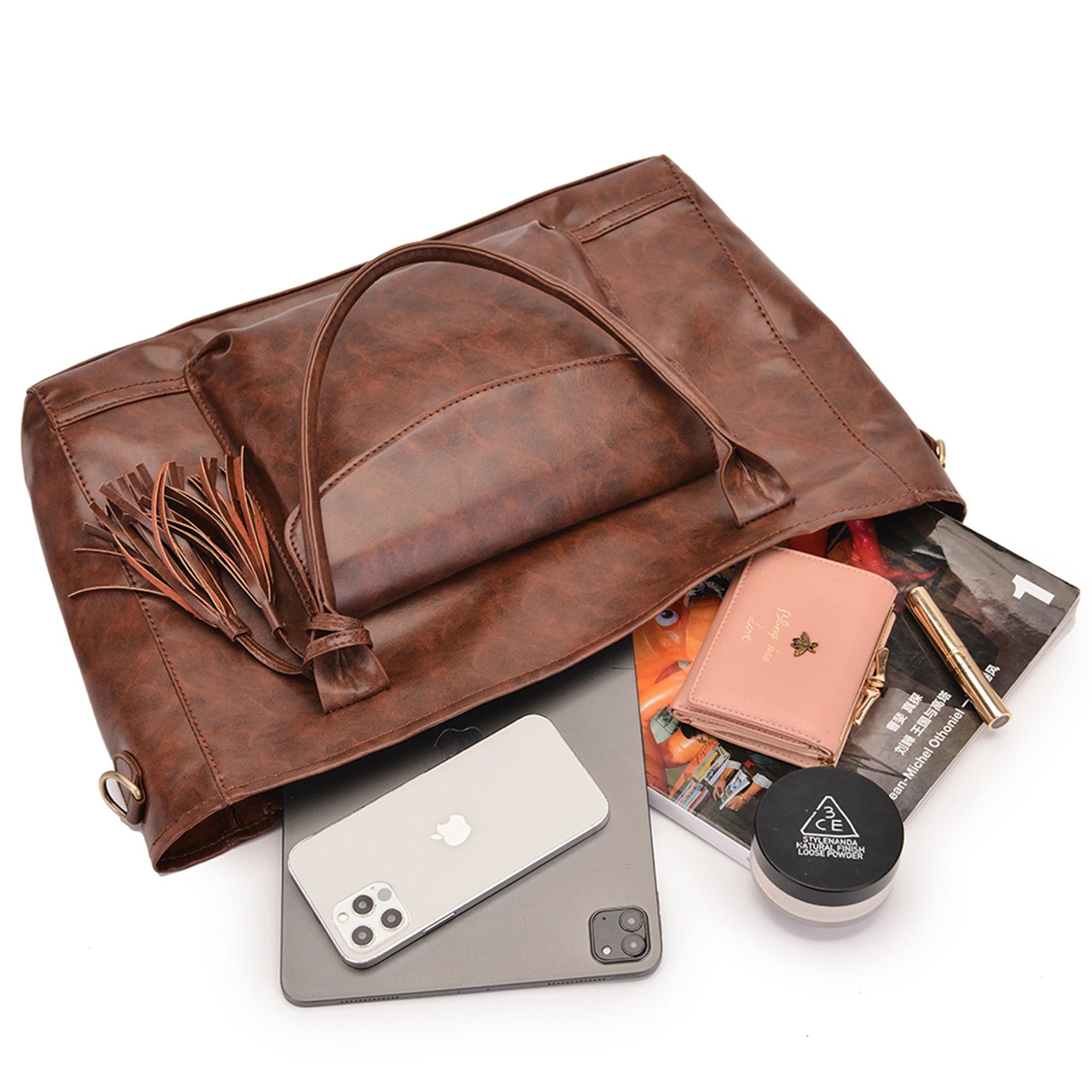 Brown PU Large Women Tote Bag, Multifunction Shoulder Bag