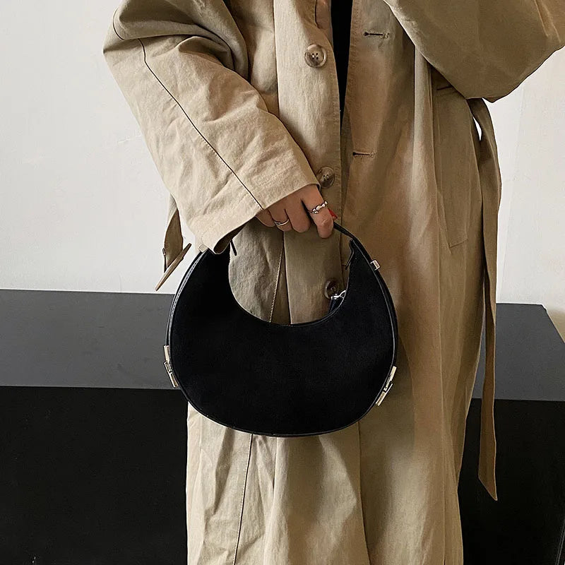 Half Moon Shoulder Bag Brushed Fabric Handbag Casual Armpit