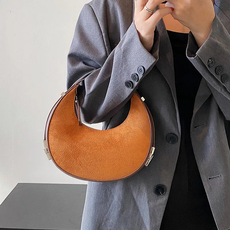 Half Moon Shoulder Bag Brushed Fabric Handbag Casual Armpit