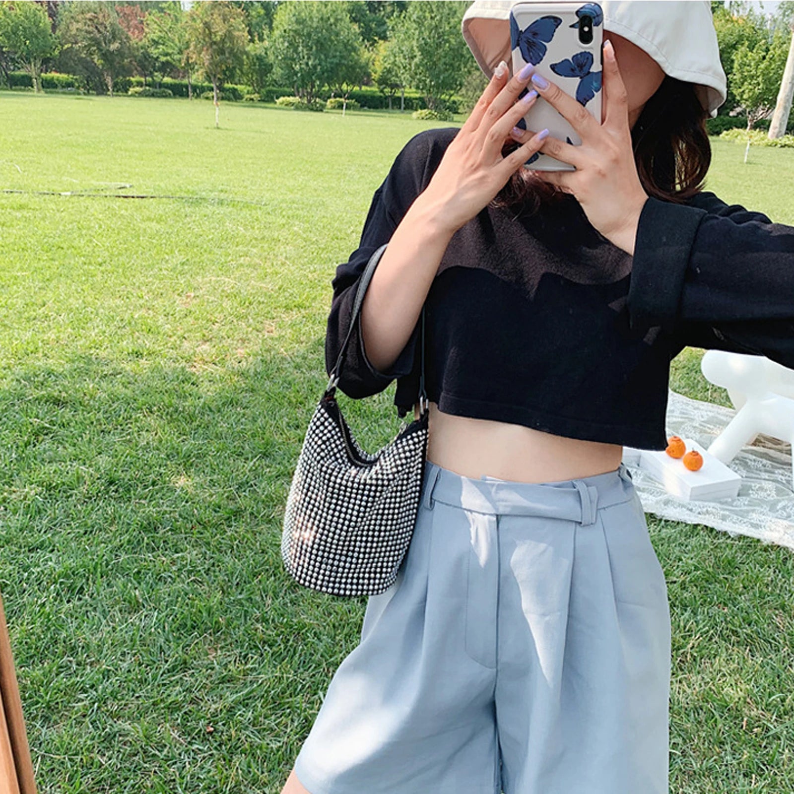 Diamond Inset Bucket Bag for Women Summer Beach Party B024