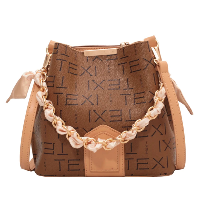 Leather Tote Bag Letter Print Crossbody Bucket Bag