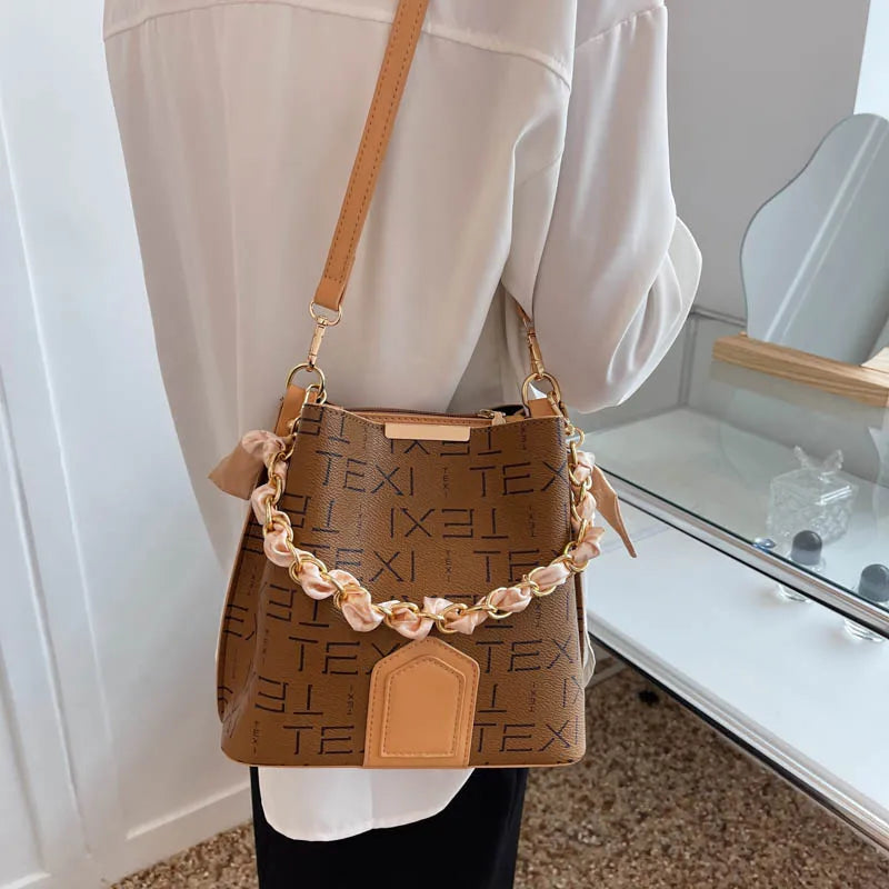 Leather Tote Bag Letter Print Crossbody Bucket Bag