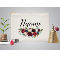 Burgundy Floral Makeup Bag Bridesmaid Wedding Pouch