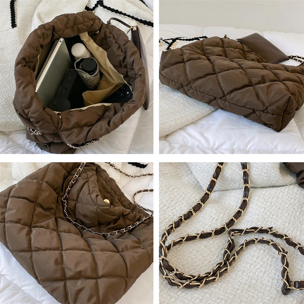 Quilted Nylon Chain Shoulder Bag for Women Winter