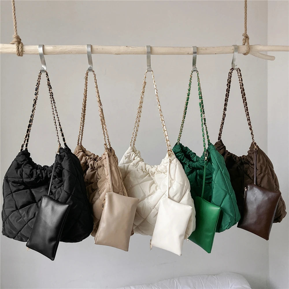 Quilted Nylon Chain Shoulder Bag for Women Winter