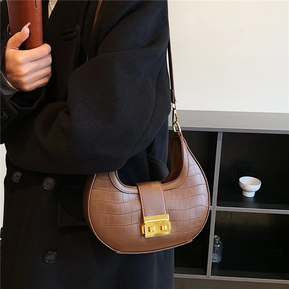 Crocodile Pattern Small Shoulder Bag Saddle Crossbody Purse