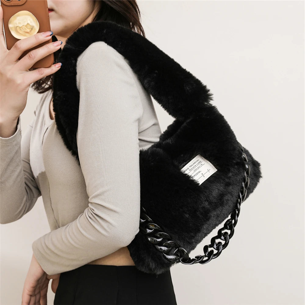 Soft Fluffy Shoulder Bags For Women Winter Candy Plush Female Tote
