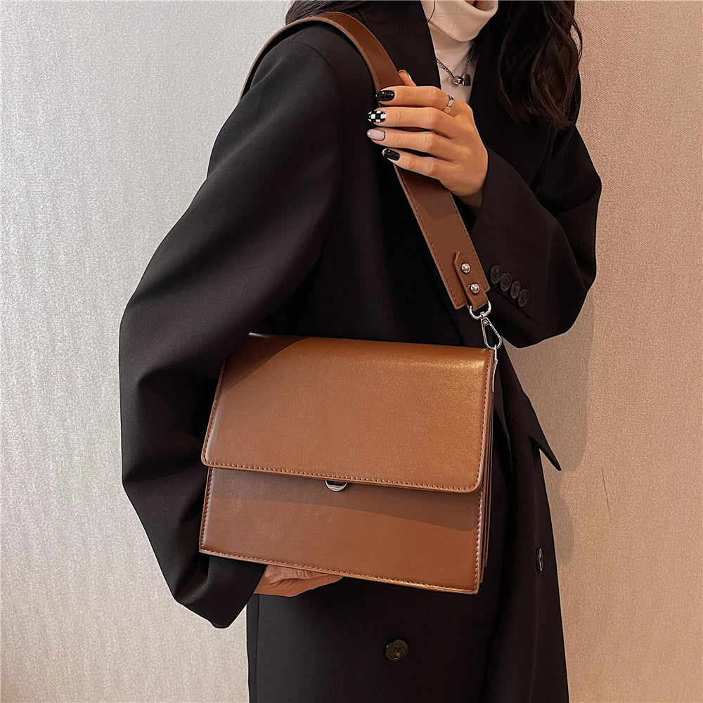 Vintage Wide Strap Underarm Shoulder Bags For Women Push Lock Crossbody Work