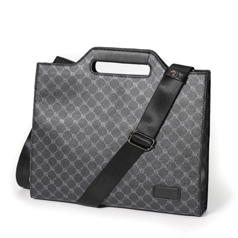 Men's Leather Briefcase Plaid Messenger Bag