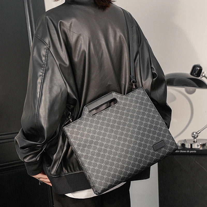 Men's Leather Briefcase Plaid Messenger Bag