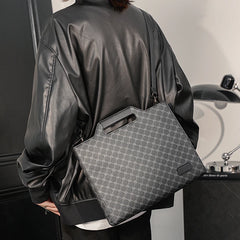 Men's Leather Briefcase Plaid Messenger Bag