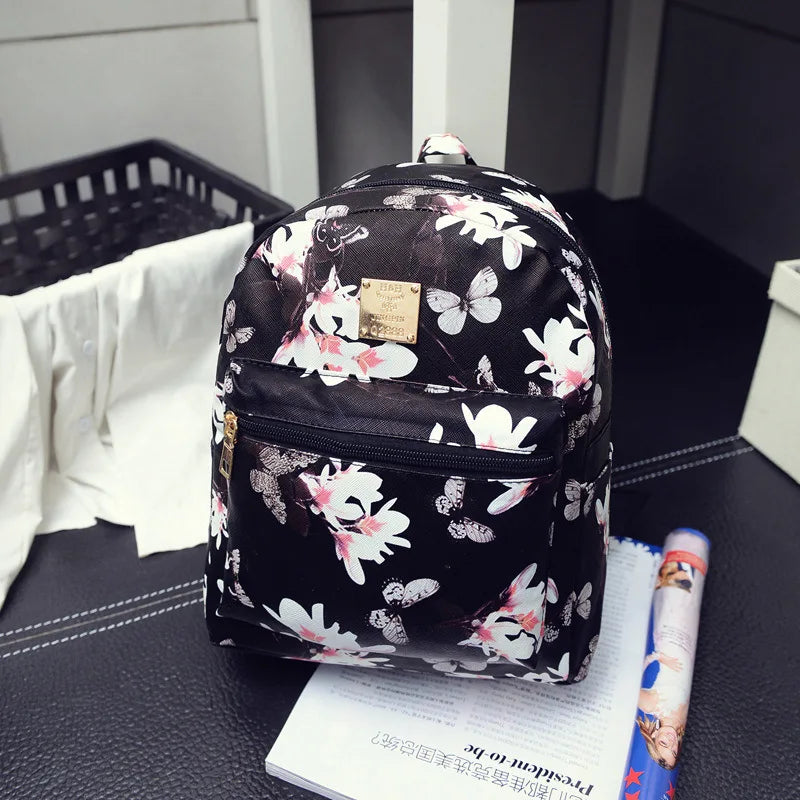 Butterfly Flower Girls Backpack Floral Pattern PU Leather Leisure Backpack
