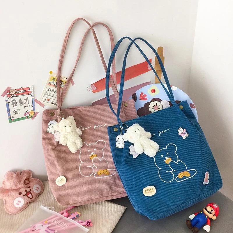 Buylor Corduroy Shopper Bag Bear Shoulder Bags Women Reusable Casual Tote Bag