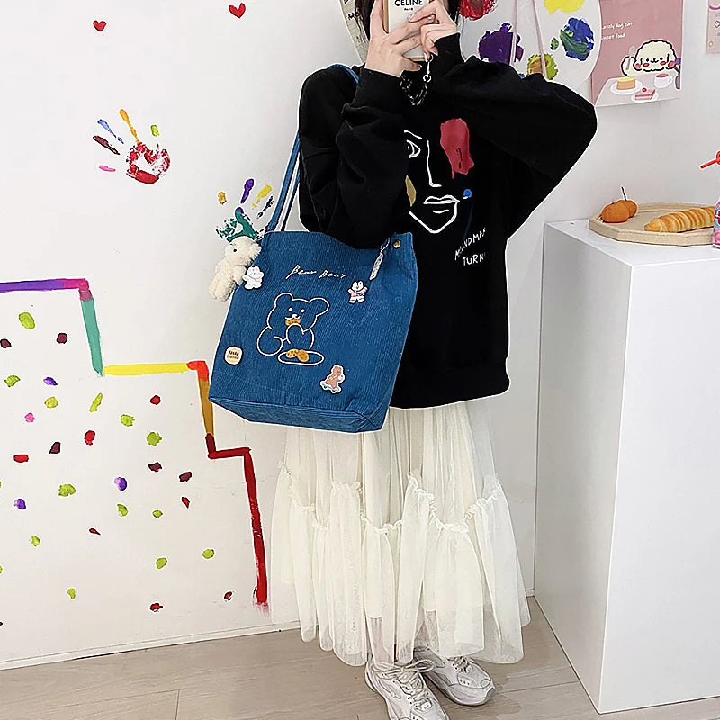 Buylor Small Bear Shoulder Bag Corduroy Reusable Casual Tote