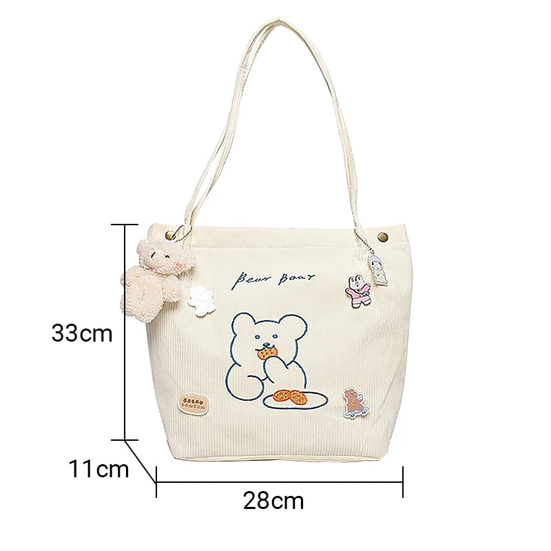 Buylor Small Bear Shoulder Bag Corduroy Reusable Casual Tote