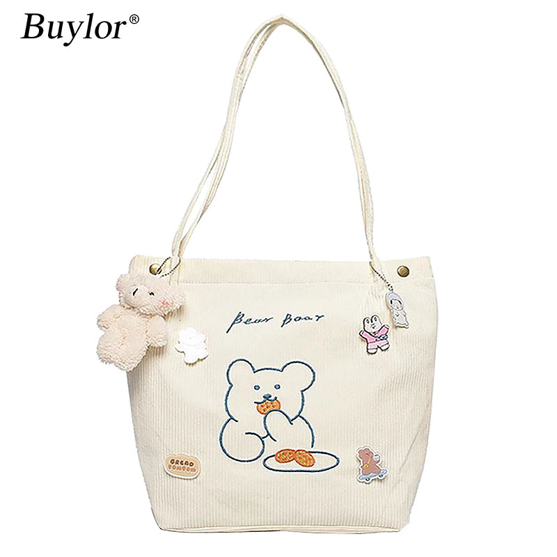 Buylor Small Bear Shoulder Bag Corduroy Reusable Casual Tote