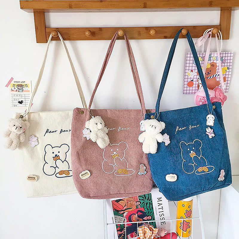 Buylor Small Bear Shoulder Bag Corduroy Reusable Casual Tote