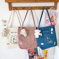 Buylor Small Bear Shoulder Bag Corduroy Reusable Casual Tote