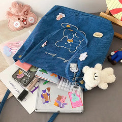 Buylor Small Bear Shoulder Bag Corduroy Reusable Casual Tote
