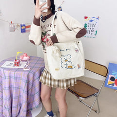 Buylor Small Bear Shoulder Bag Corduroy Reusable Casual Tote