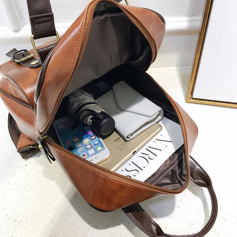 Buylor Large Capacity Backpack Women PU Leather Retro Travel Backpack